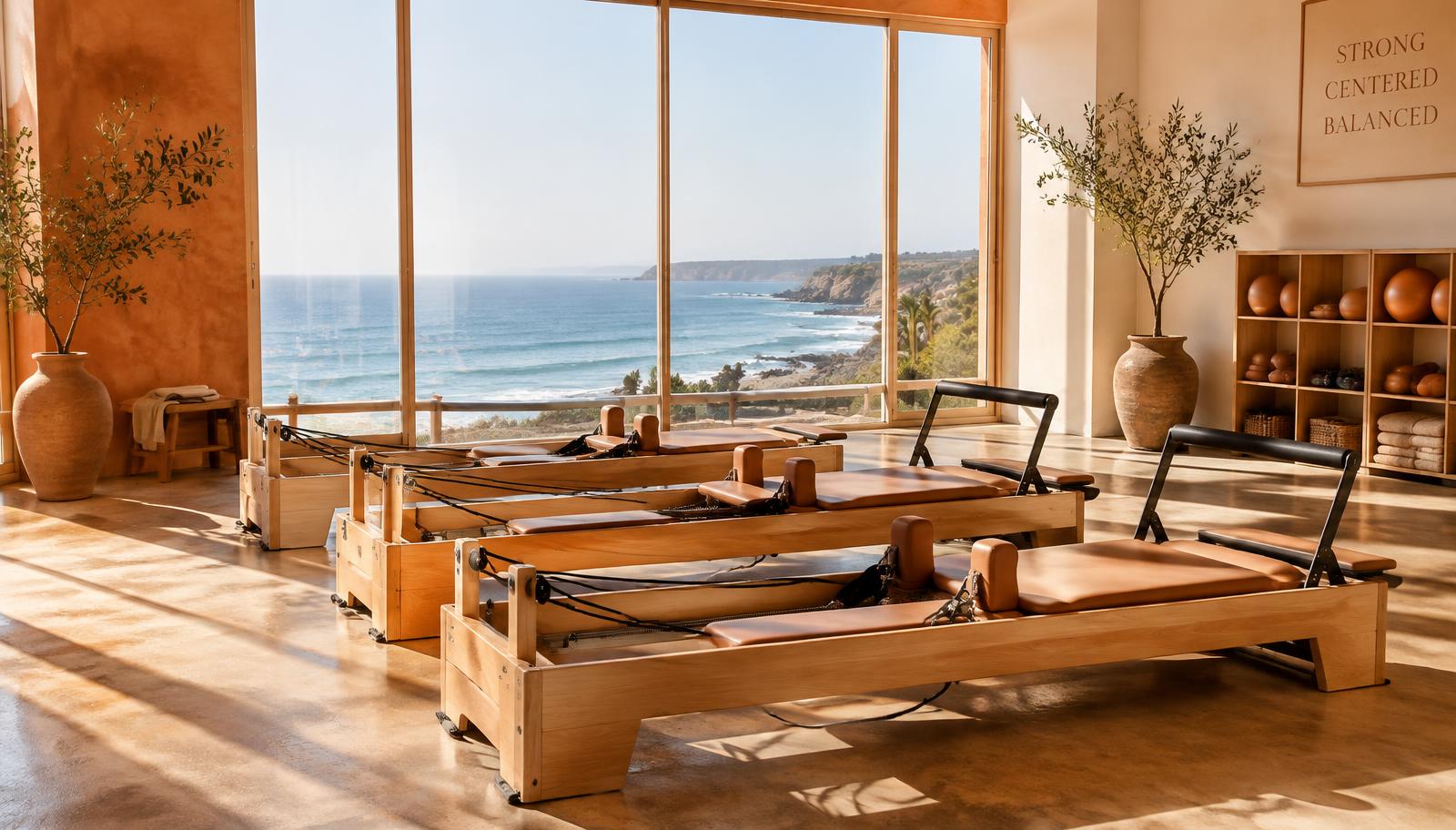 Sunlit Pilates studio overlooking the ocean